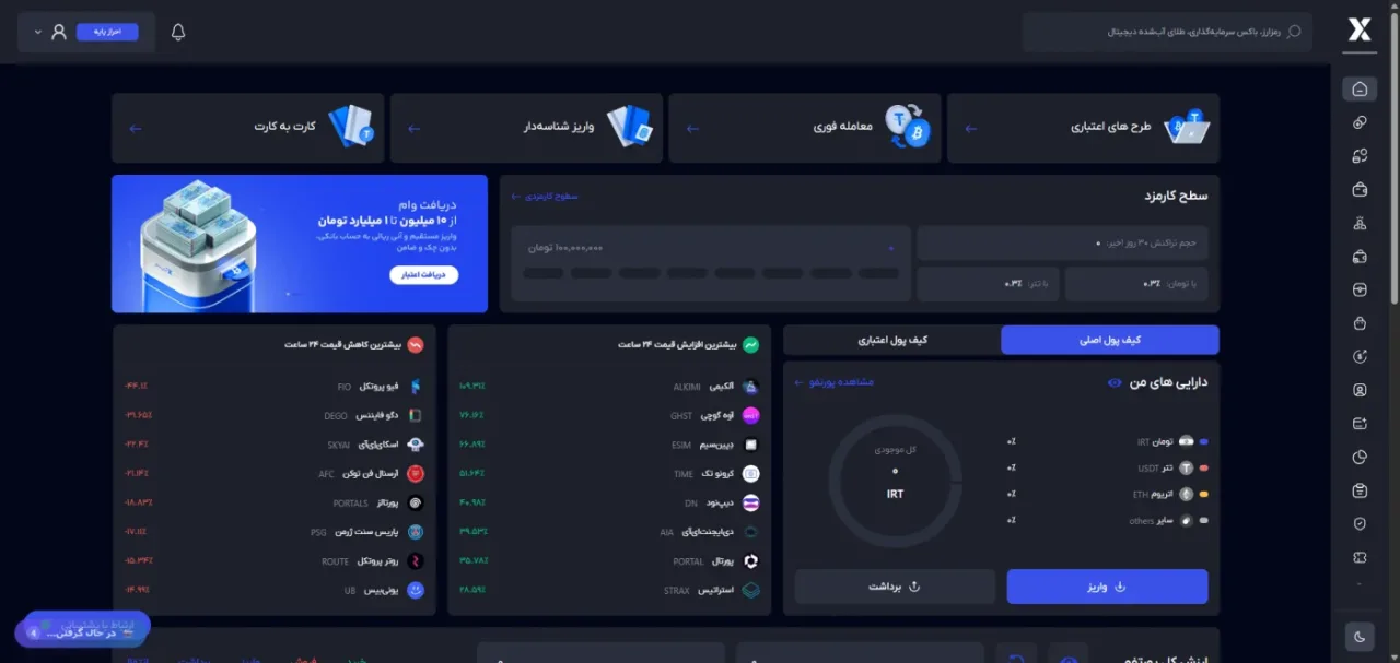 داشبورد کاربری آبان تتر شامل سطح کارمزد و کیف پول